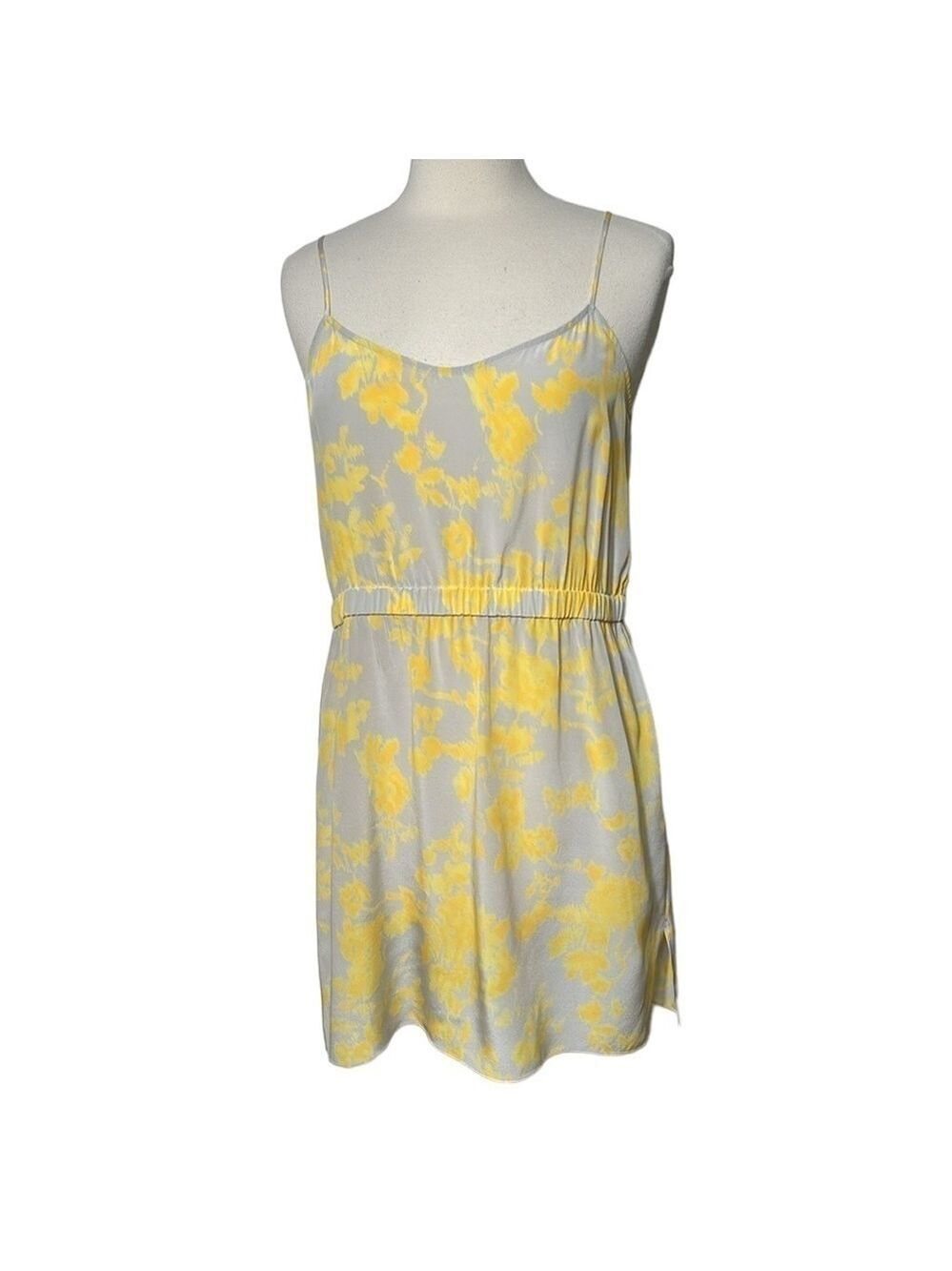 Aaron Ashe Strappy Silk Floral Mini Dress Grey Yellow SZ L